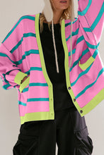 Load image into Gallery viewer, Pink Stripe Colorblock Drop Shoulder Buttoned Loose Cardigan
