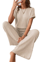 Cargar imagen en el visor de la galería, Parchment Solid Color Ribbed Short Sleeve Wide Leg Jumpsuit
