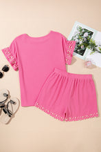 Load image into Gallery viewer, Bright Pink Textured Pearled Ruffle Sleeve Top 2 Piece Shorts Set
