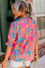 Load image into Gallery viewer, Rose Frilly Mock Neck Short Puff Sleeve Floral Blouse
