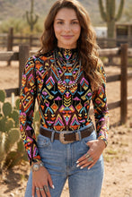Cargar imagen en el visor de la galería, Color black Abstract Print Long Sleeve Stand Neck Mesh Top
