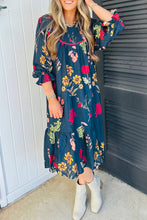 Cargar imagen en el visor de la galería, Blue Floral Print Gathered Neckline 7/8 Sleeve Casual Midi Dress
