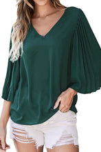 Load image into Gallery viewer, Blackish Green 3/4 Pleated Bell Sleeve V Neck Blouse
