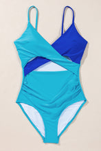 Load image into Gallery viewer, Light Blue Crossover Colorblock Cutout One Piece Swimsuit
