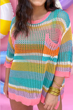 Load image into Gallery viewer, Pink Stripe Plus Size Open Knit Patch Pocket Short Sleeve Sweater
