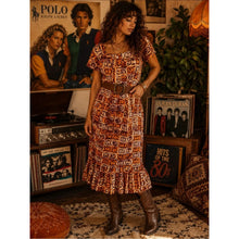Load image into Gallery viewer, Custom Vintage Rust Floral Boho Midi Dress with Ruffle Indie
