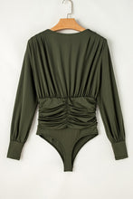 Cargar imagen en el visor de la galería, Moss Green Ruched Wrap V Neck Long Sleeve Bodysuit
