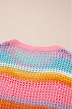 Load image into Gallery viewer, Pink Stripe Plus Size Open Knit Patch Pocket Short Sleeve Sweater
