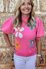 Load image into Gallery viewer, Bright Pink Floral Bubble Short Sleeve Floral Sweater
