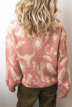 Cargar imagen en el visor de la galería, Peach Blossom Western Print Drop Shoulder Round Neck Long Sleeve Sweater
