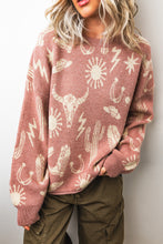 Cargar imagen en el visor de la galería, Peach Blossom Western Print Drop Shoulder Round Neck Long Sleeve Sweater
