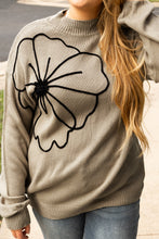 Load image into Gallery viewer, Dark Khaki Plus Size Big Flower Pattern High Neck Drop Shoulder Sweater
