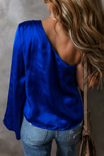 Load image into Gallery viewer, Dark Blue Asymmetric One Shoulder Bell Sleeve Satin Blouse
