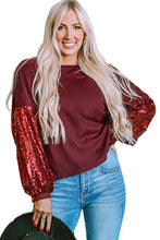 Load image into Gallery viewer, Burgundy Sequin Patchwork Sleeve Open Back Waffle Knit Top
