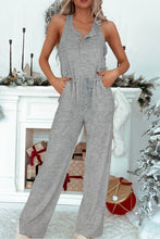 Load image into Gallery viewer, Gray Ribbed Knit Buttons Drawstring Sleeveless Jumpsuit
