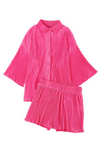 Load image into Gallery viewer, Hot Pink 3/4 Sleeves Pleated Shirt and High Waist Shorts Lounge Set
