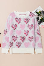 Cargar imagen en el visor de la galería, Pink Heart Leopard Print Pearled Ribbed Trim Fuzzy Sweater
