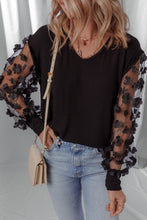 Load image into Gallery viewer, Black Flower Applique Mesh Long Sleeve V Neck Blouse
