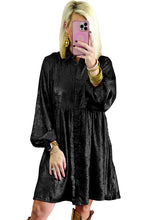 Load image into Gallery viewer, Black Metallic Sheen Puff Sleeve Button Up Mini Shirt Dress
