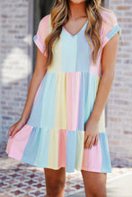 Load image into Gallery viewer, Multicolor Striped Color Block Tiered Baby Doll Mini Dress
