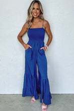 Cargar imagen en el visor de la galería, Navy Blue Spaghetti Straps Smocked Ruffled Wide Leg Jumpsuit
