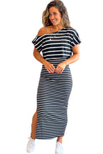 Cargar imagen en el visor de la galería, Black Stripe Asymmetric Shoulder Tee Slit Pencil Dress Set
