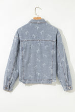 Load image into Gallery viewer, Sky Blue Bow Knot Print Light Wash Raw Hem Denim Jacket
