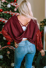 Load image into Gallery viewer, Burgundy Sequin Patchwork Sleeve Open Back Waffle Knit Top
