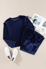 Load image into Gallery viewer, Navy Blue Solid Velvet Ruffled Two Piece Pants Set
