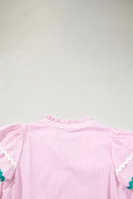 Cargar imagen en el visor de la galería, Pink Stripe Ricrac Trim Split Neck Striped Ruffled Sleeve Blouse
