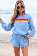 Cargar imagen en el visor de la galería, Beau Blue Striped Accent Pullover and Shorts Two Piece Casual Set
