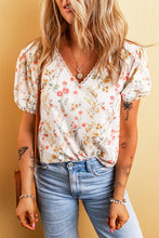 Cargar imagen en el visor de la galería, Beige Boho Floral Lace Trim Short Sleeve Blouse
