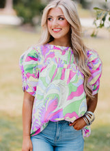 Cargar imagen en el visor de la galería, Green Abstract Print Bubble Sleeve Smock Detail Blouse
