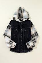 Load image into Gallery viewer, Black Plaid Sleeve Frayed Hem Hooded Denim Jacket
