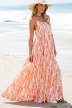 Load image into Gallery viewer, Orange Abstract Print Spaghetti Straps Backless Tiered Maxi Dress
