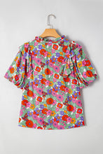 Load image into Gallery viewer, Red Floral Tie Split Neck Ruffle Puff Sleeve Blouse
