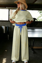 Cargar imagen en el visor de la galería, Pink Stripe Colorblock Trim Crew Neck Loose Tee Drawstring Elastic Waist 2pcs Pant Set
