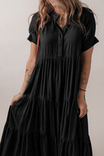 Load image into Gallery viewer, Black Hidden Buttons Short Sleeve Ruffle Tiered Long Flared Dress
