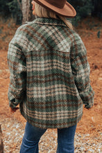 Cargar imagen en el visor de la galería, Mist Green Plaid Print Chest Pockets Turn Down Collar Shacket
