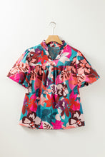 Cargar imagen en el visor de la galería, Hot Pink Floral Print Puff Sleeve Notched V Neck Blouse
