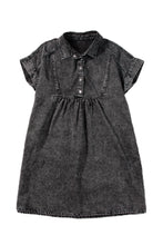 Cargar imagen en el visor de la galería, Black Acid Wash Button Front Collared Short Sleeve Denim Dress
