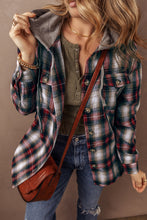 Cargar imagen en el visor de la galería, Red Plaid Print Chest Pocket Buttoned Hooded Shacket
