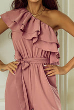 Load image into Gallery viewer, Dusty Pink One Shoulder Ruffle Trim Belted Jumpsuit
