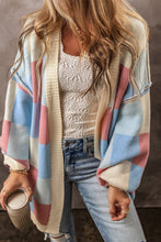 Load image into Gallery viewer, Light Blue Checkered Drop Shoulder Exposed Seam Open Front Cardigan
