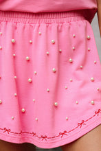 Load image into Gallery viewer, Pink Contrast Bow Trim Pearl Puff Sleeve Blouse and Skort 2pcs Set
