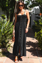 Cargar imagen en el visor de la galería, Black Spaghetti Straps Smocked Front Slit Buttoned Dress
