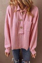 Cargar imagen en el visor de la galería, Pink Ribbed Knit Collared Henley Top with Chest Pocket
