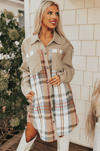 Cargar imagen en el visor de la galería, Khaki Plaid Patchwork Long Sleeve Shirt Mini Dress
