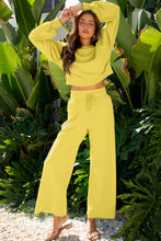 Load image into Gallery viewer, Yellow Cream Drop Shoulder Puff Sleeve Crop Pullover Drawstring Wide Leg Pants Set

