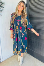 Cargar imagen en el visor de la galería, Blue Floral Print Gathered Neckline 7/8 Sleeve Casual Midi Dress
